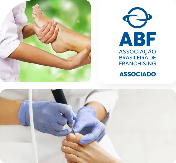 Selo da Associação ABF e Imagens de tratamentos de podologia